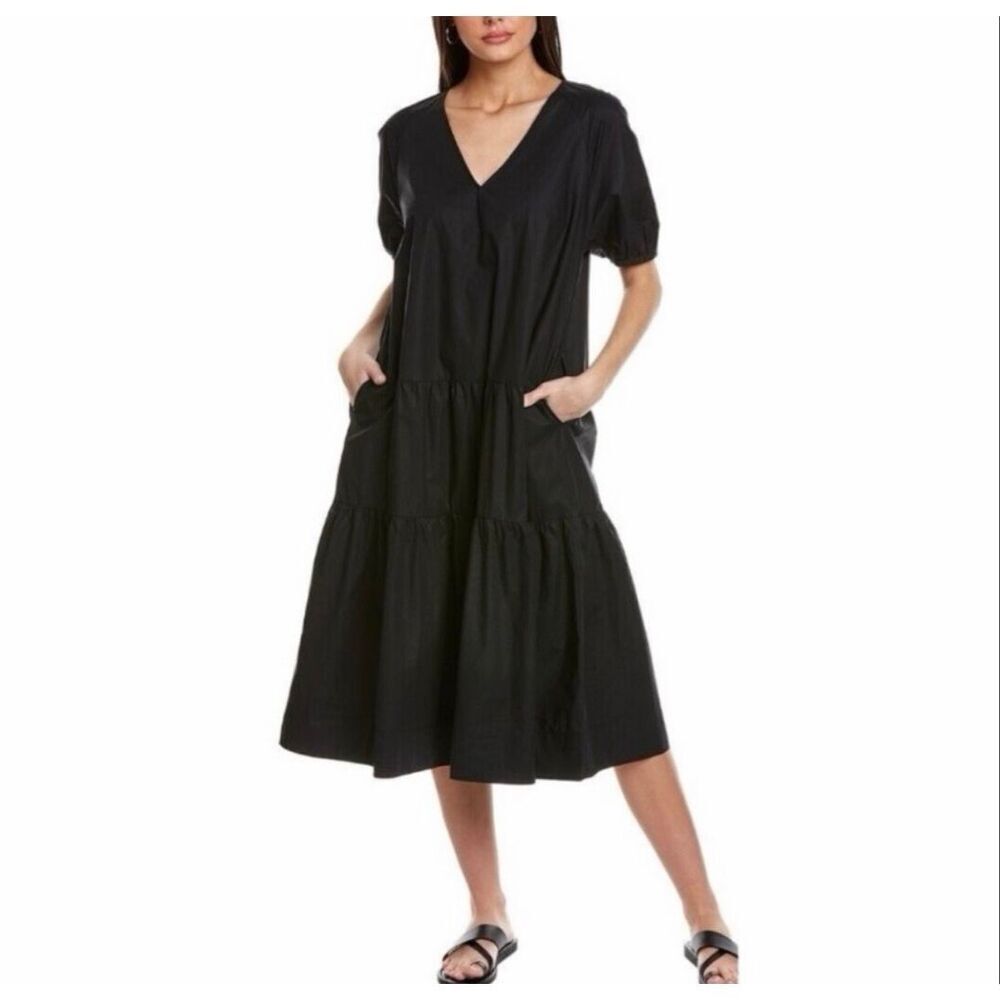 Calme by Johnny Was Liya Tiered Poplin Midi Dress in Black Size L